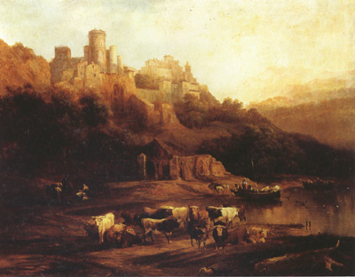 Herd of Cattle Resting on a Riverbank in Front of a Castle (mk22)